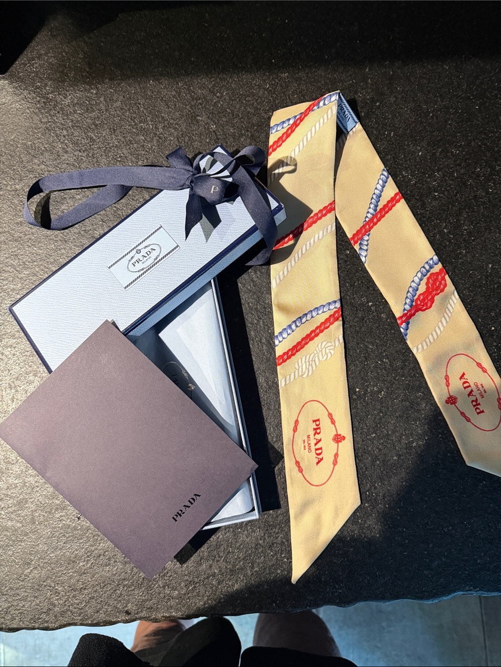 Prada Yellow Silk Twilly with Red Logo and Navy Rope Accent